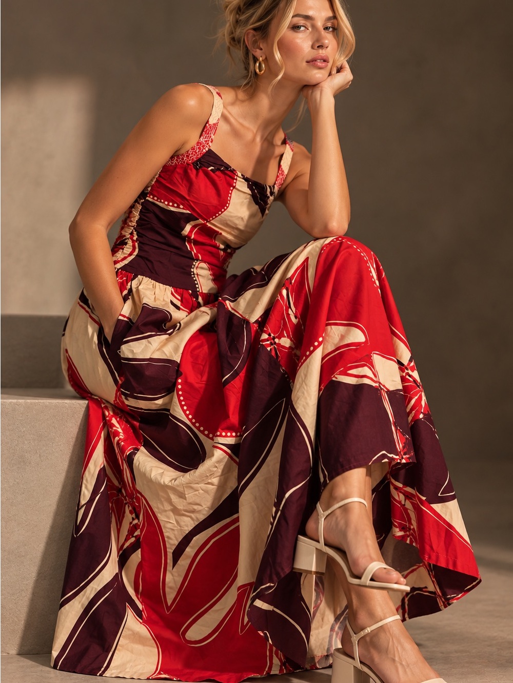 MØN RENN Abstract Print Ruched Maxi Dress Size XS NWT